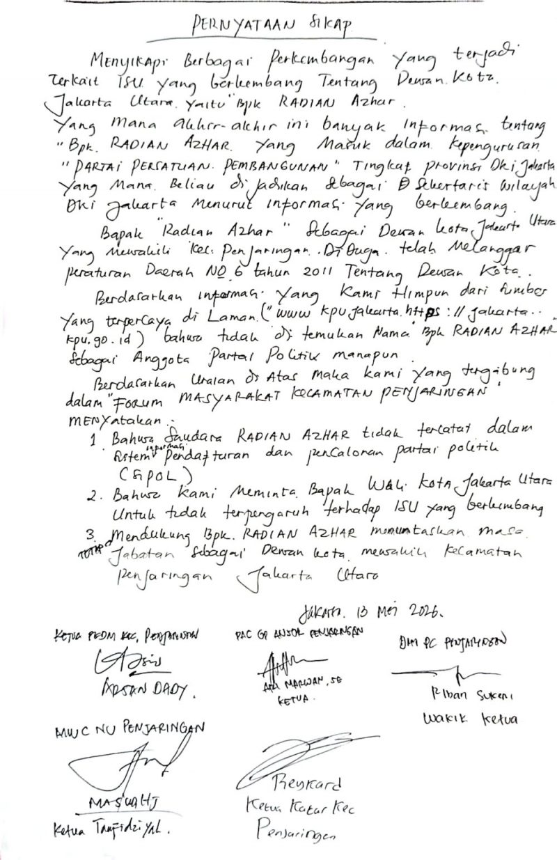 Pernyataan Dukungan dari Forum Lintas Ormas Penjaringan (Foto Istimewa)